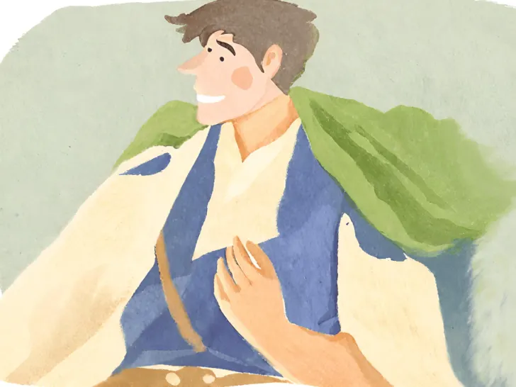A watercolor illustration of a man in a green cloak, depicting what defines a hero in modern society.