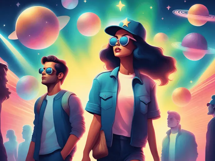 A man and woman are standing in front of a starry sky, pondering why do we study pop culture.