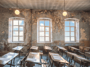 An empty classroom with desks and windows.