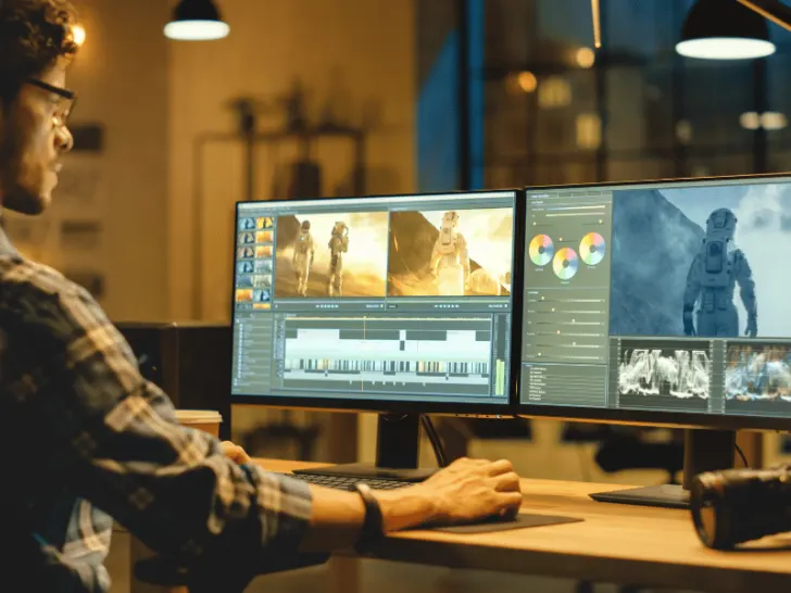 A man sitting at a desk with two monitors in front of him.
