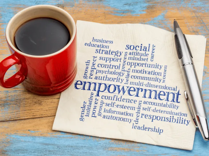 A cup of coffee and a napkin with the word empowerment.