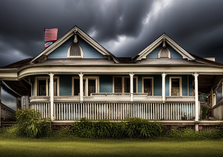 Idated, abandoned suburban house with a broken white picket fence, an overgrown yard, and a faded, tattered American flag hanging on the front porch under a gloomy, stormy sky