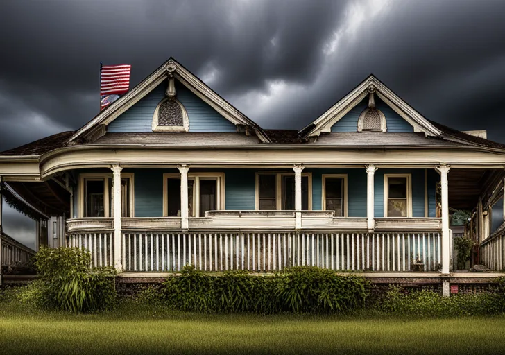 Idated, abandoned suburban house with a broken white picket fence, an overgrown yard, and a faded, tattered American flag hanging on the front porch under a gloomy, stormy sky