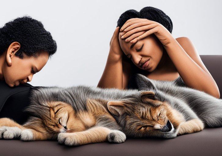 An image featuring a human crying on a couch, with a concerned cat gently touching the human's face with its paw, illustrating empathetic interaction
