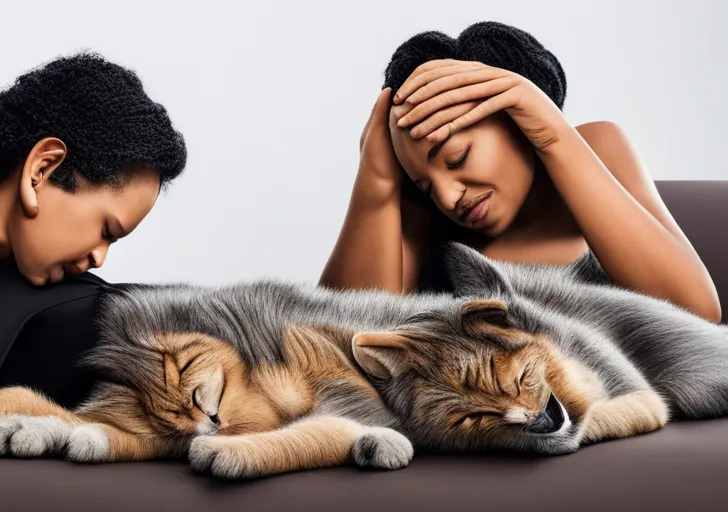 An image featuring a human crying on a couch, with a concerned cat gently touching the human's face with its paw, illustrating empathetic interaction