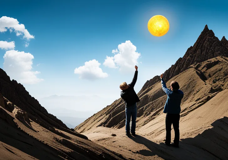 E of a teacher holding out a glowing orb of ambition to a student, both standing on a path with a steep mountain peak representing success in the background