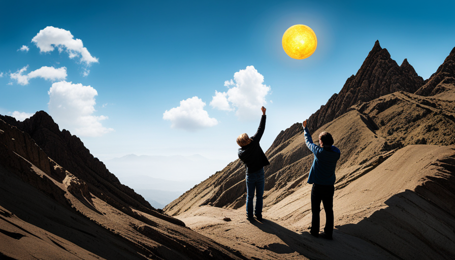 E of a teacher holding out a glowing orb of ambition to a student, both standing on a path with a steep mountain peak representing success in the background