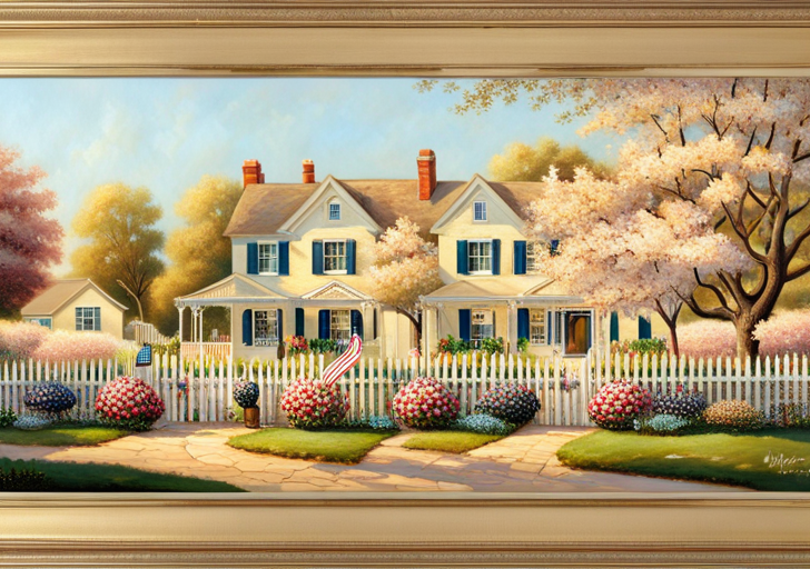 Uminated golden path leading to a quaint house with a white picket fence, surrounded by blooming apple trees, with a flagpole bearing the American flag, under a bright blue sky