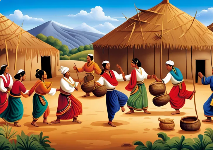 Ate a diverse group of people engaged in various cultural activities, such as traditional dancing, playing ethnic instruments, creating indigenous art, and preparing regional cuisine