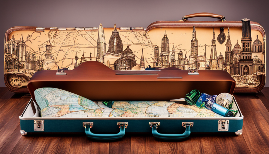 Ed world map with famous landmarks, like Eiffel Tower, Pyramids, Great Wall of China, Taj Mahal, Statue of Liberty, hand-held vintage compass, and a suitcase with travel stickers