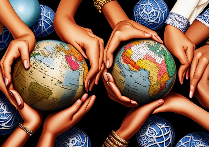 An image showcasing diverse hands holding globes, maps and cultural symbols like food, music instruments, and traditional attire from different countries, implying global travel and cultural understanding