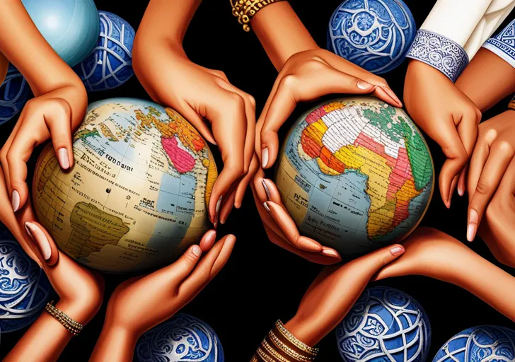 An image showcasing diverse hands holding globes, maps and cultural symbols like food, music instruments, and traditional attire from different countries, implying global travel and cultural understanding