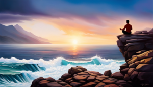 Ze a serene person meditating on a cliff overlooking a tumultuous ocean, gradually calming the waves with each deep breath, symbolizing emotional control through meditation