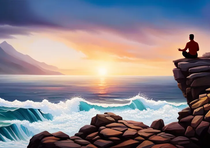 Ze a serene person meditating on a cliff overlooking a tumultuous ocean, gradually calming the waves with each deep breath, symbolizing emotional control through meditation