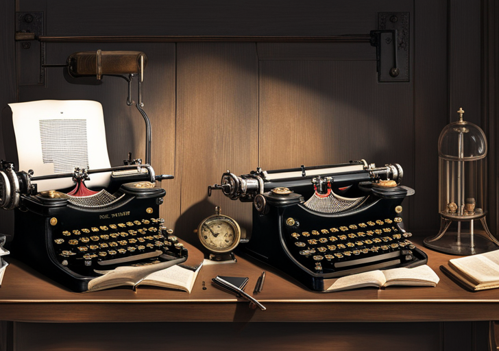  an image showcasing a dimly lit, mysterious study with an antique typewriter, scattered crumpled papers, a ticking vintage clock and a shadowy figure standing by a half-open door