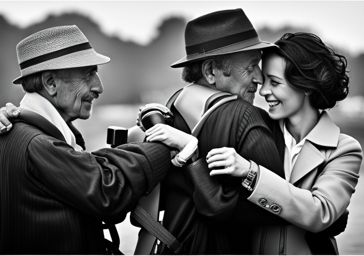 Close-up of a hand holding a film camera, capturing a raw, heartfelt moment between two people sharing a deep conversation, their expressions filled with genuine emotion