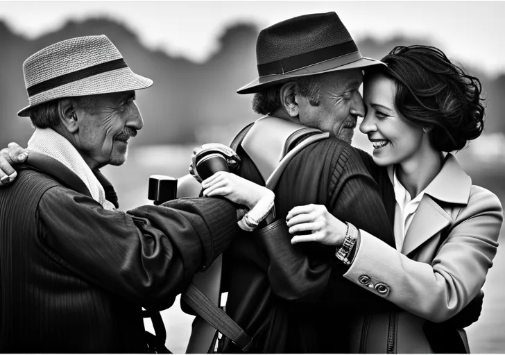 Close-up of a hand holding a film camera, capturing a raw, heartfelt moment between two people sharing a deep conversation, their expressions filled with genuine emotion