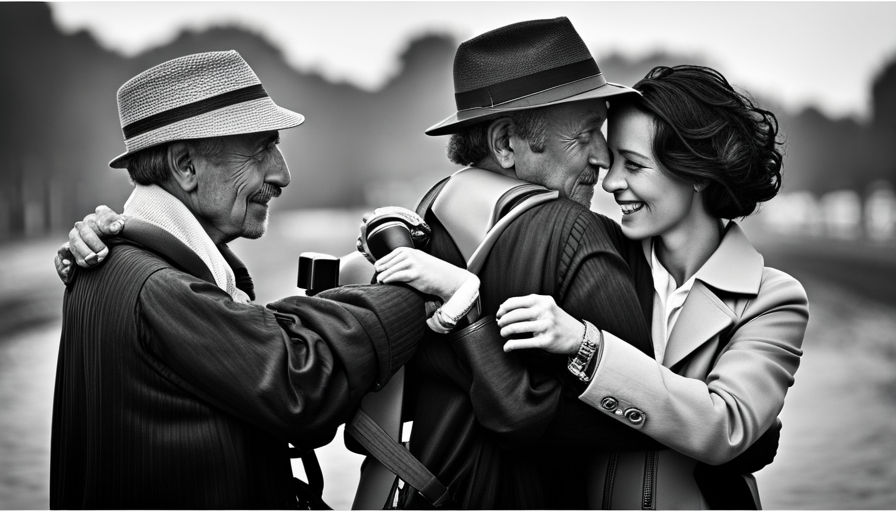 Close-up of a hand holding a film camera, capturing a raw, heartfelt moment between two people sharing a deep conversation, their expressions filled with genuine emotion