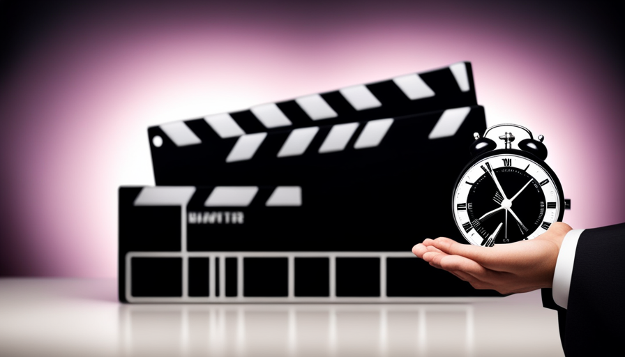 Tor's hand poised over a film clapperboard, a ticking vintage clock in the background, and a blurred documentary scene playing on a screen