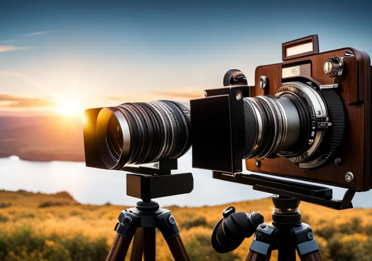 Ge film camera on a tripod facing a mirror reflecting its own image, surrounded by different landscapes to represent various documentary themes
