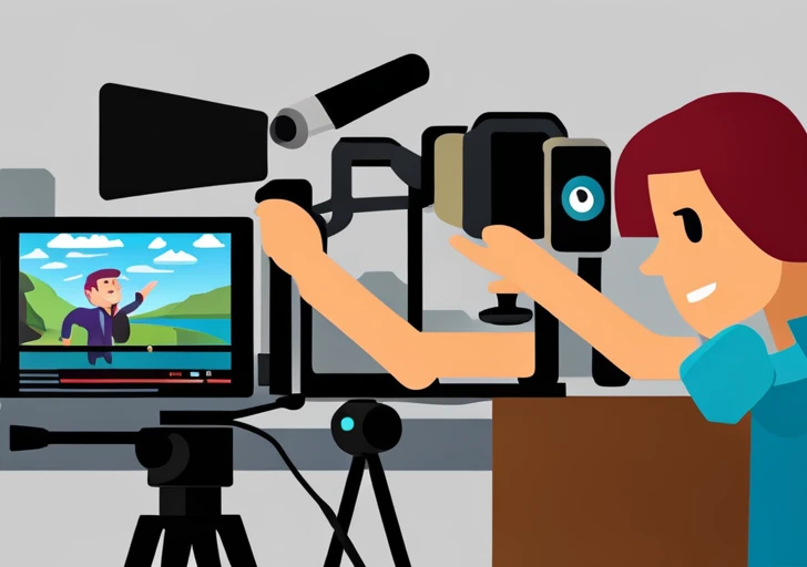  filmmaker behind a camera, with animated graphics and elements swirling from the lens towards a documentary clapperboard