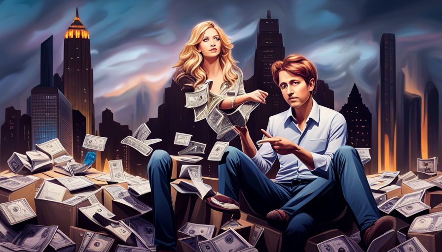 Ring filmmaker passionately discussing a documentary storyboard, while a potential investor examines a pile of cash, a film grant application, and a crowd-funding website on a laptop nearby