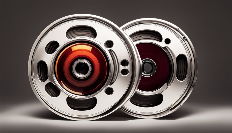 camera lens focusing on a vintage film reel, with a modern editing suite reflected subtly within the lens, symbolizing the integration of archival footage into a documentary