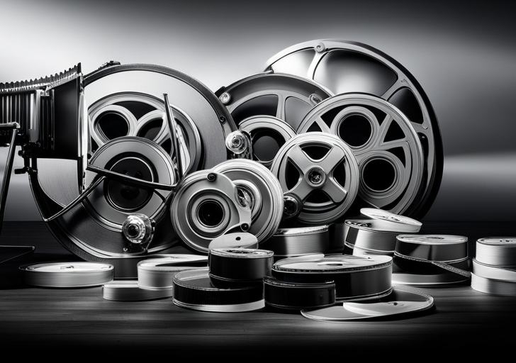 Y of identical film reels in greyscale, with one brightly colored and glowing in the center, surrounded by film equipment like a camera, director's chair, and clapperboard