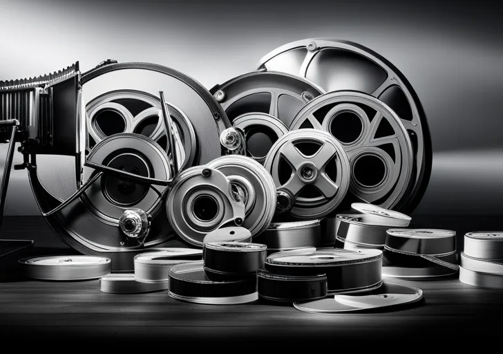 Y of identical film reels in greyscale, with one brightly colored and glowing in the center, surrounded by film equipment like a camera, director's chair, and clapperboard