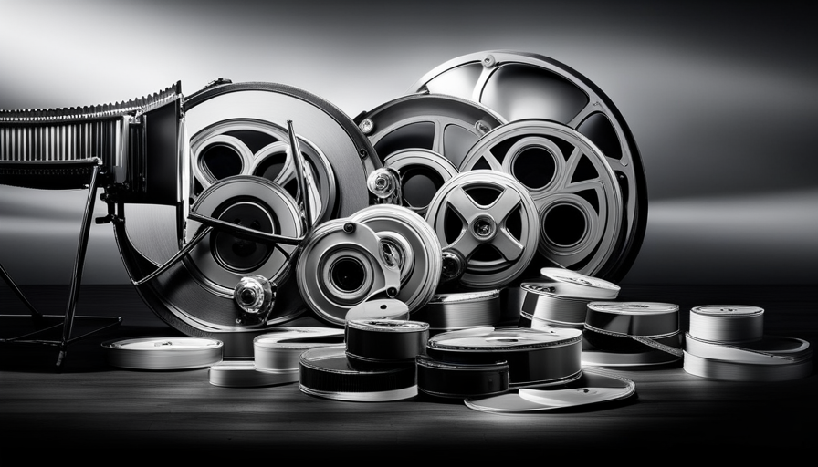 Y of identical film reels in greyscale, with one brightly colored and glowing in the center, surrounded by film equipment like a camera, director's chair, and clapperboard
