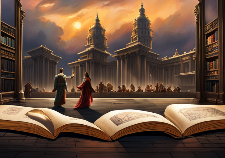 N book radiating a soft glow, with shadowy figures of a hero, villain, mentor, and a journey's path emerging from the pages, all within an intricately designed storytelling scroll border