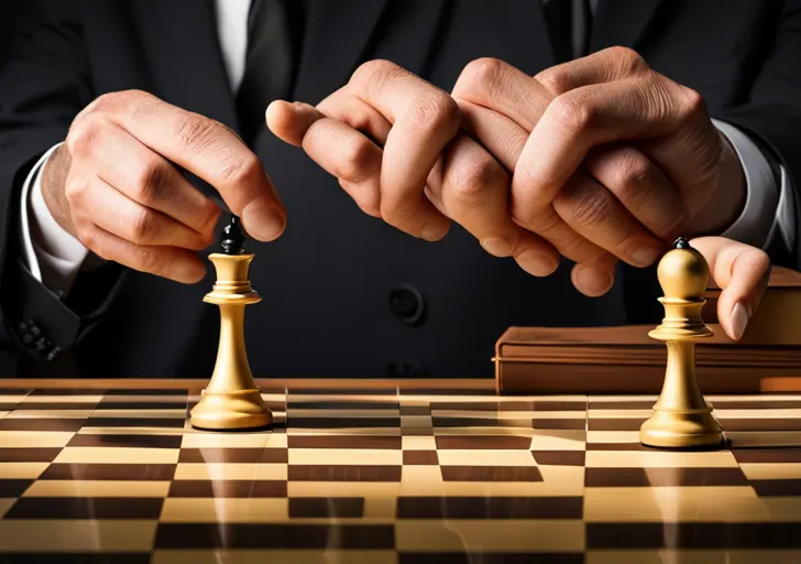Hor's hand poised over a chessboard, moving a pawn while a shadowy book and a twisted mask hover in the background