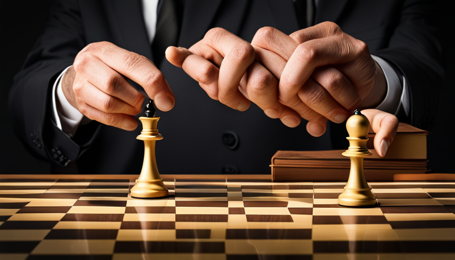 Hor's hand poised over a chessboard, moving a pawn while a shadowy book and a twisted mask hover in the background