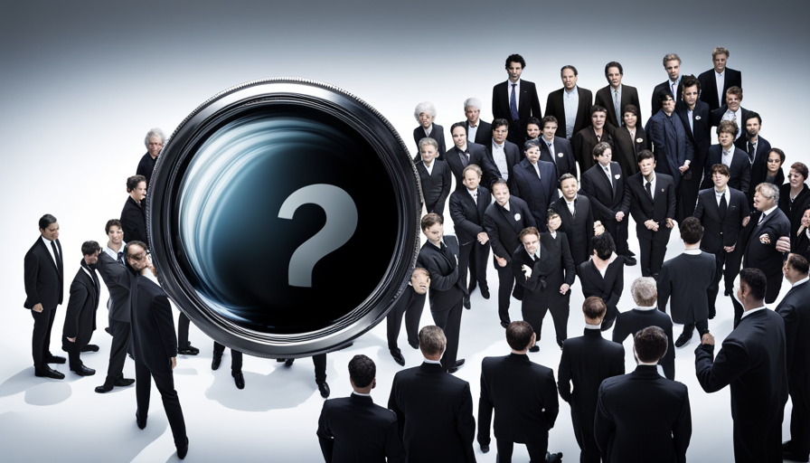 Eld camera pointing towards a diverse group of individuals, with a question mark bubble above the camera, all within a film strip border