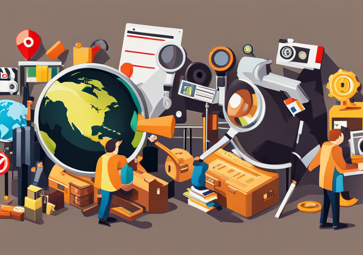 Ay of documentary elements: camera, film reels, world map, diverse human figures, clapperboard and a magnifying glass hovering over them, indicating a search or selection process