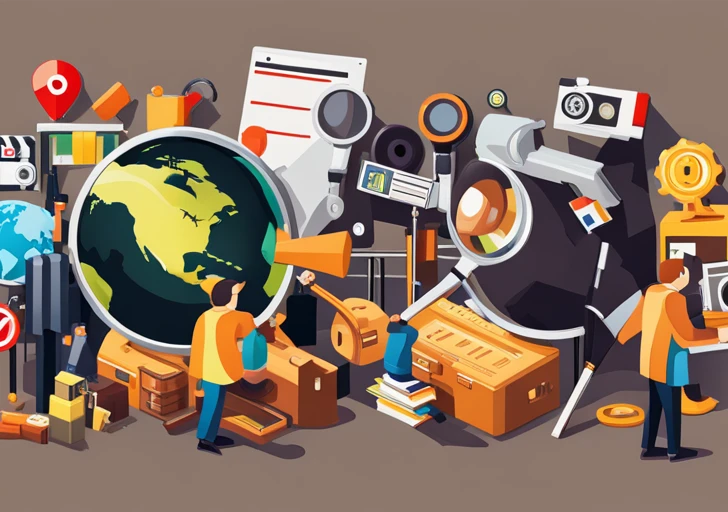 Ay of documentary elements: camera, film reels, world map, diverse human figures, clapperboard and a magnifying glass hovering over them, indicating a search or selection process