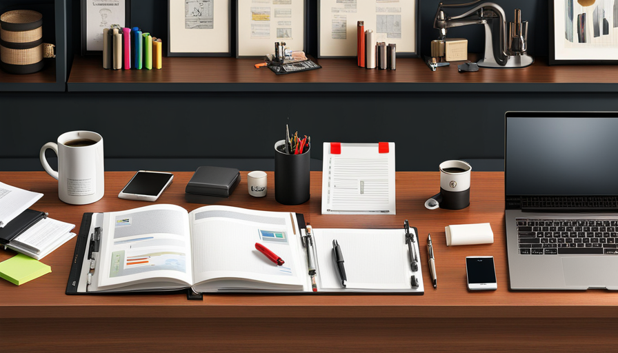 desktop with scattered manuscript pages, a red pen, coffee mug, highlighters, sticky notes, and a laptop displaying editing software