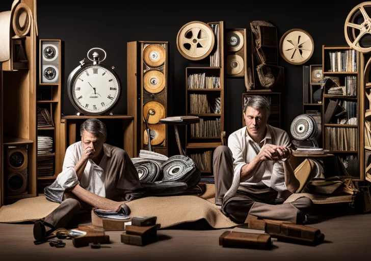 Ize a filmmaker contemplating between a stopwatch and an hourglass, with various film reels of different lengths scattered around, and a documentary film playing in the background