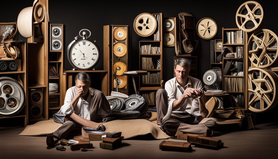 Ize a filmmaker contemplating between a stopwatch and an hourglass, with various film reels of different lengths scattered around, and a documentary film playing in the background