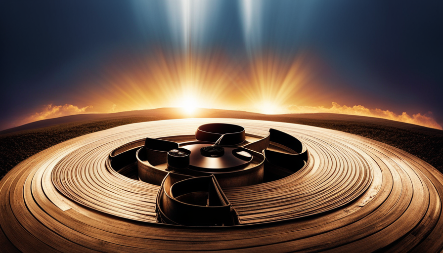 E depicting a film reel with impactful scenes of triumph, empathy, and revelation, lit by a dramatic spotlight, symbolizing the powerful ending of a documentary