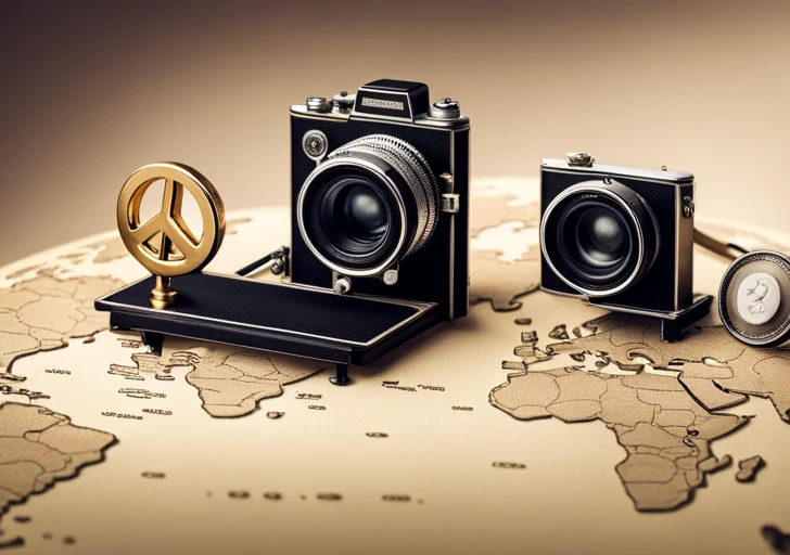 Ge camera standing on a world map, with two hands delicately balancing a scale with a peace symbol and a question mark on either side