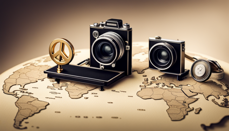 Ge camera standing on a world map, with two hands delicately balancing a scale with a peace symbol and a question mark on either side