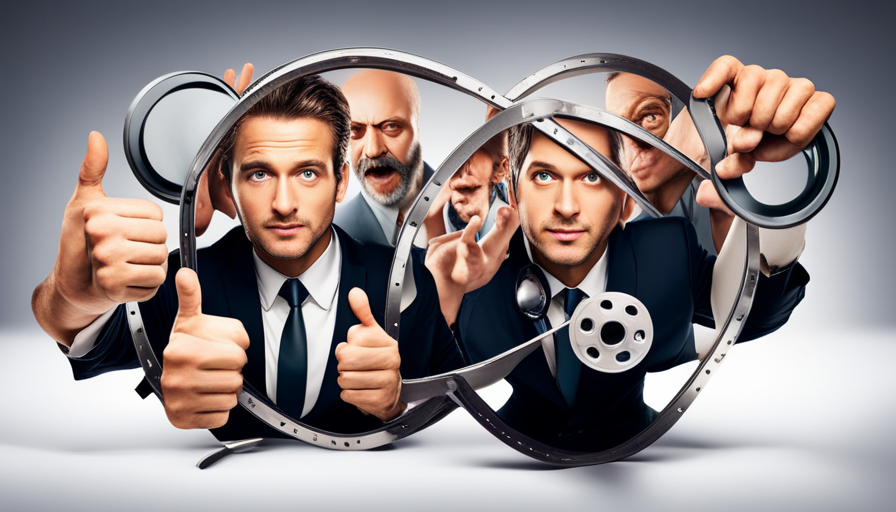 Tor holding a film reel, surrounded by thumbs up & down symbols, with a magnifying glass scrutinizing a documentary scene, and a barrier shield in front