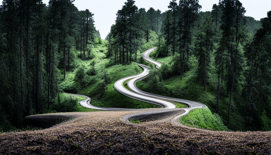 filming a twisting path in a dense forest, with an unexpected fork in the road appearing around the bend
