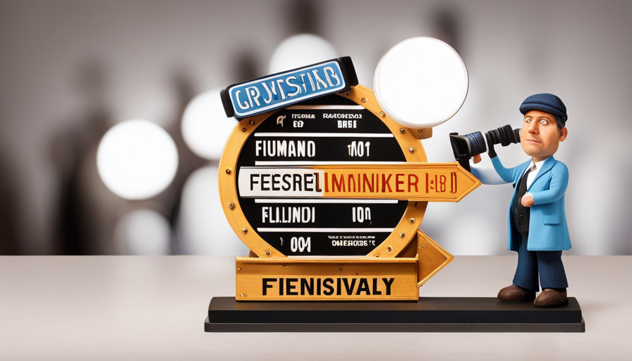 a filmmaker with a documentary reel in hand, standing at a crossroad signpost with arrows pointing towards different film festival names, all under a spotlight