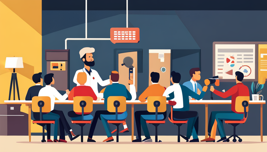 filmmaker enthusiastically expressing his documentary idea to a group of interested producers and broadcasters in a modern, brightly lit meeting room