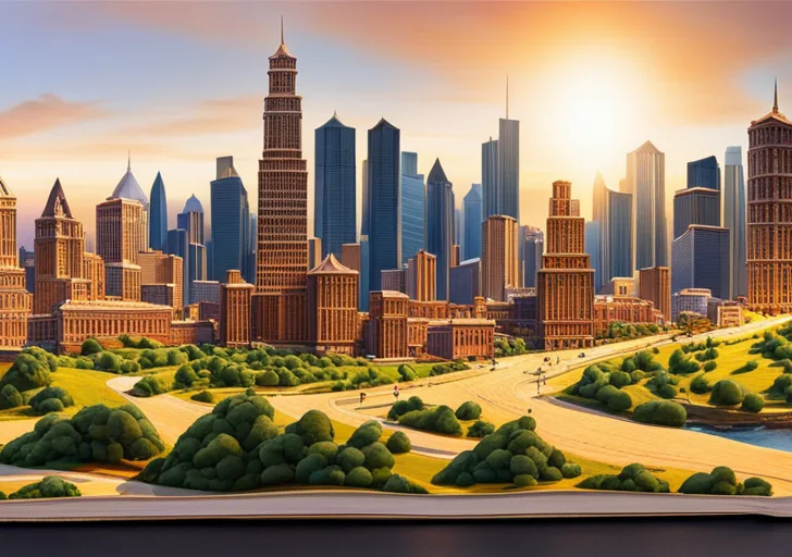  book revealing a vibrant 3D landscape, with elements like a bustling city, quiet countryside, and a historical monument, symbolizing different settings and contexts in a narrative