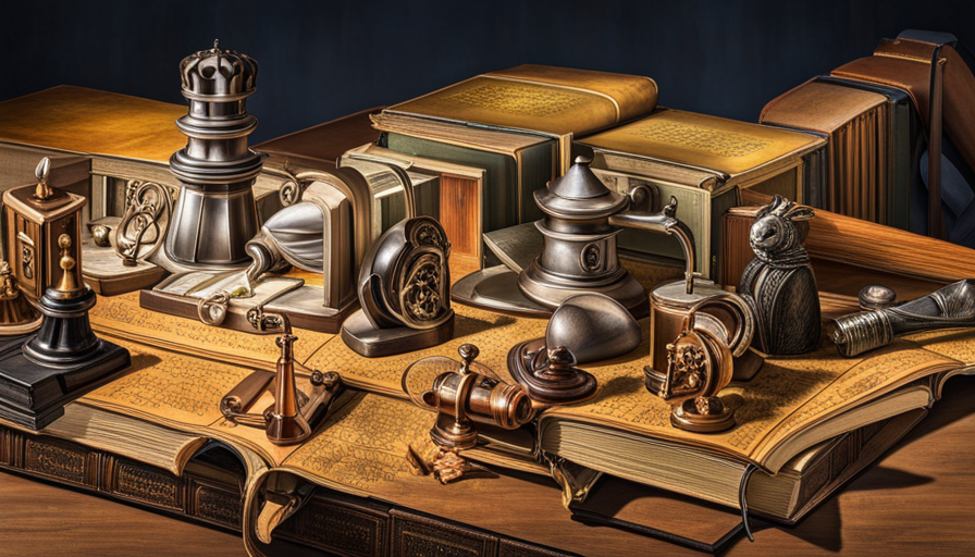 N, antique book displaying a chessboard with pieces shaped like various story tropes (princess, dragon, detective, alien) while a shadow of a reader's face reflects with anticipative eyes