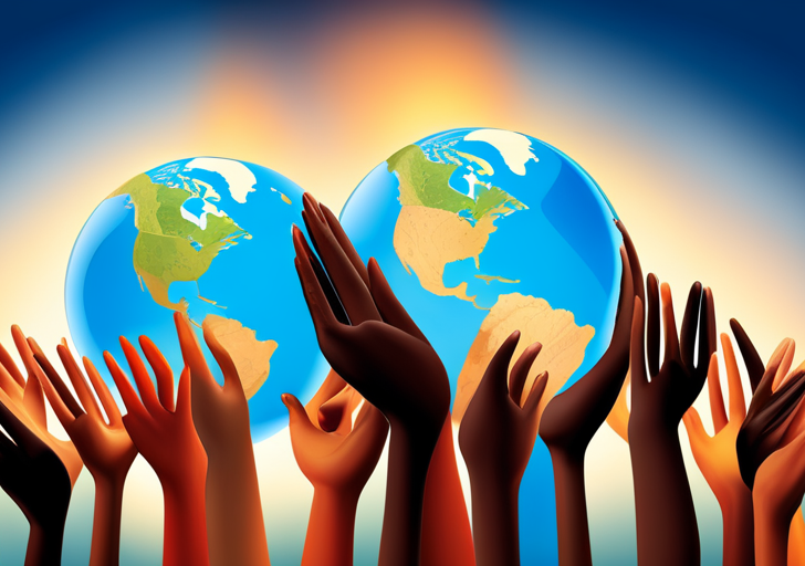 Ate a diverse group of hands reaching towards a globe, each hand holding a different cultural symbol