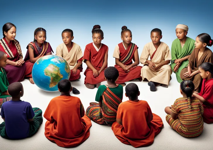 Of diverse group of children, dressed in various traditional cultural outfits, sitting in a circle, listening attentively to an elder teaching with a globe at the center